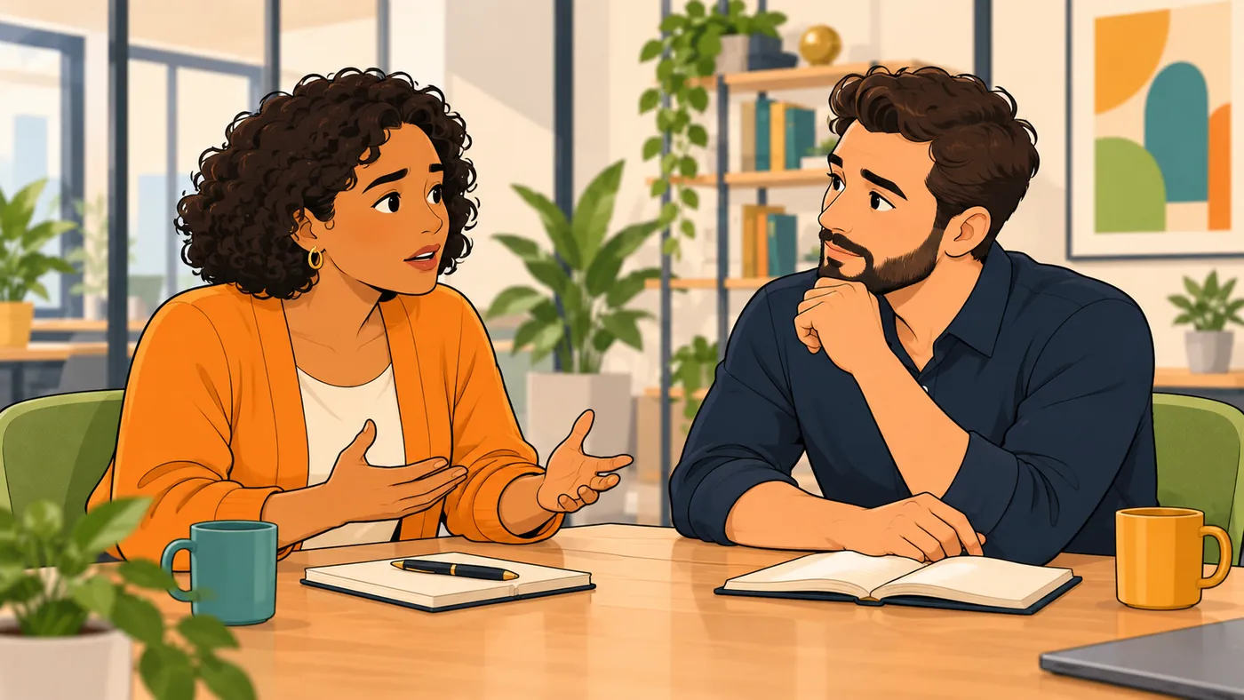 Illustrated scene of a woman explaining her point while a bearded colleague listens thoughtfully across a table with notebooks and mugs