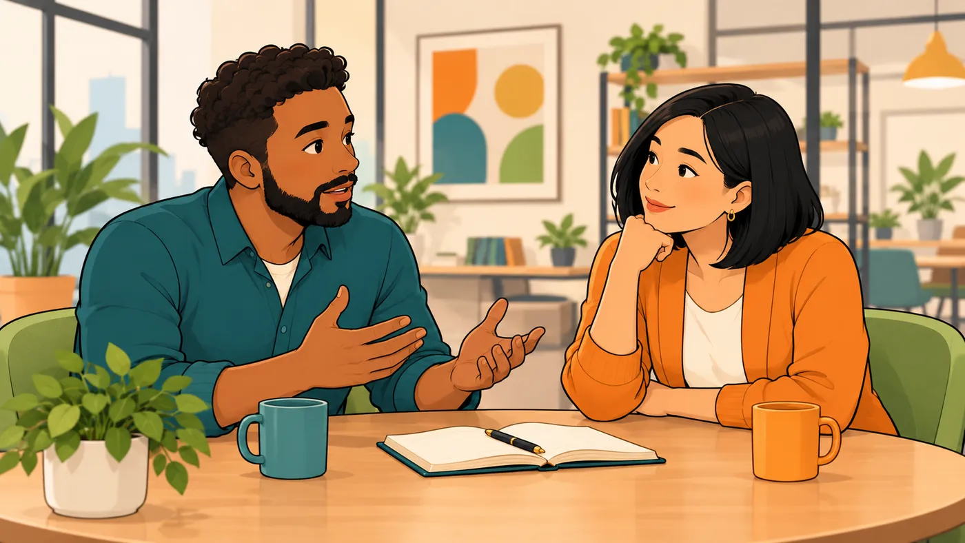 Illustrated office scene: two colleagues sit at a round table with coffee and a notebook while one speaks openly and the other listens