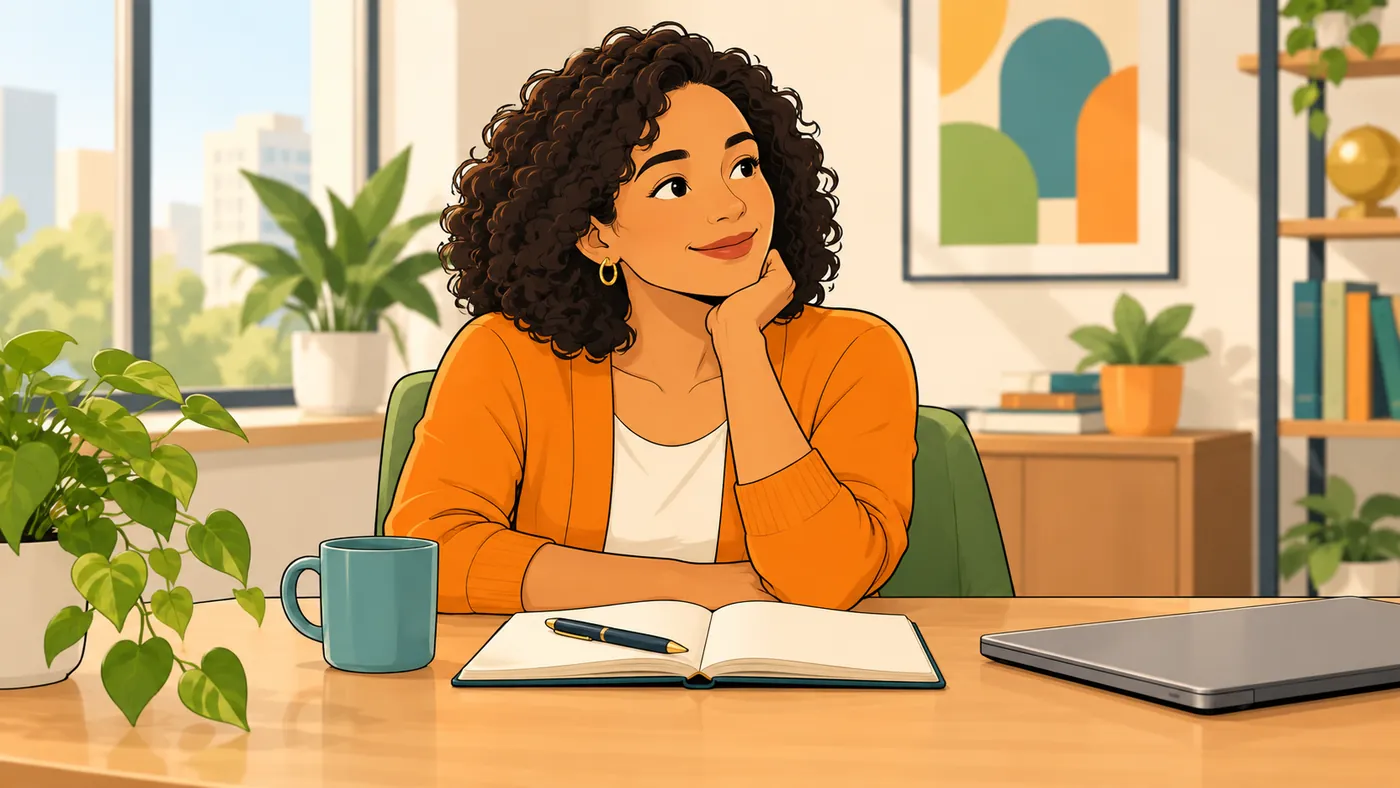 Illustrated woman in an orange cardigan resting her chin on her hand, thinking quietly at a desk with an open notebook and pen