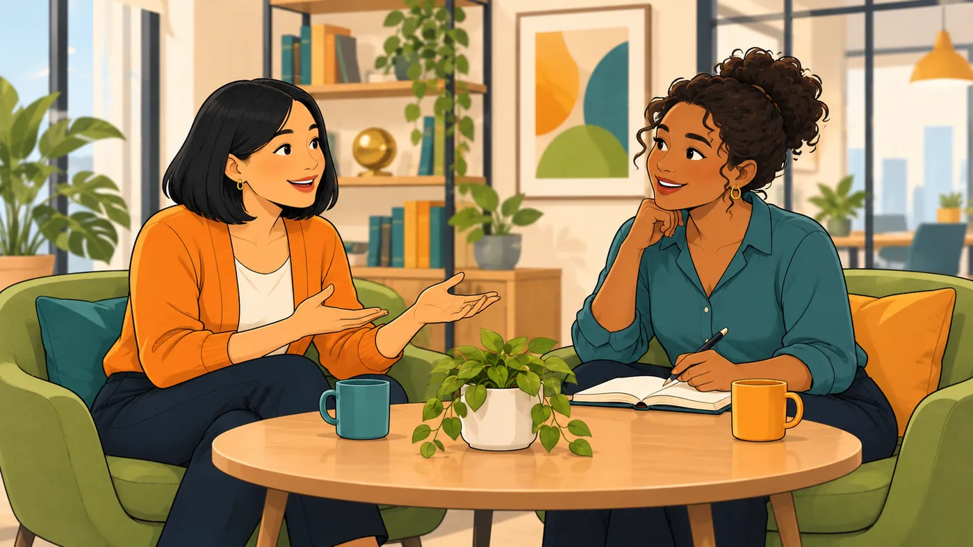 Illustrated scene of two colleagues in armchairs having an open two-way conversation over coffee, one speaking with open hands while the other listens and takes notes