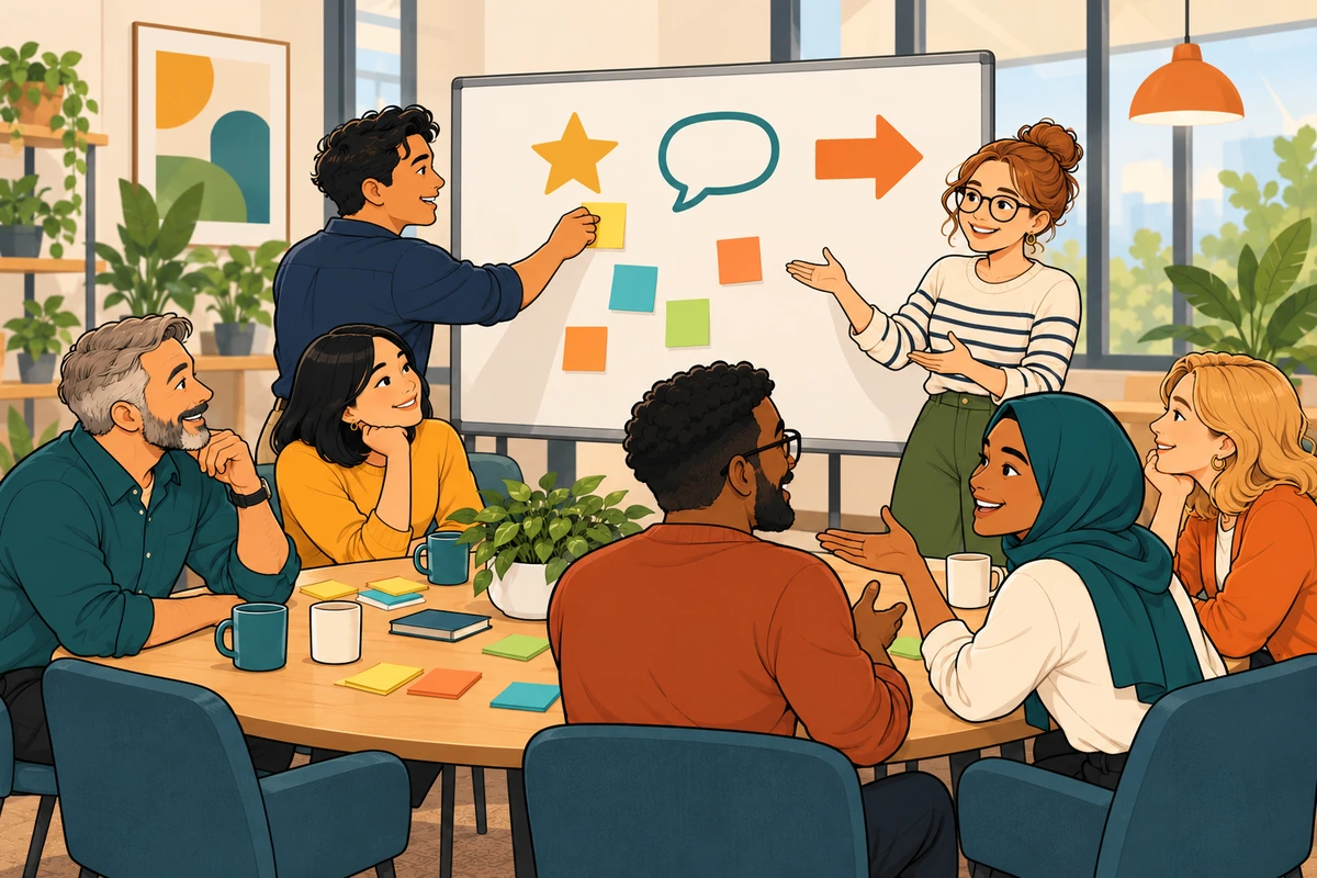 A facilitator guiding colleagues through an interactive end-of-year team reflection activity.