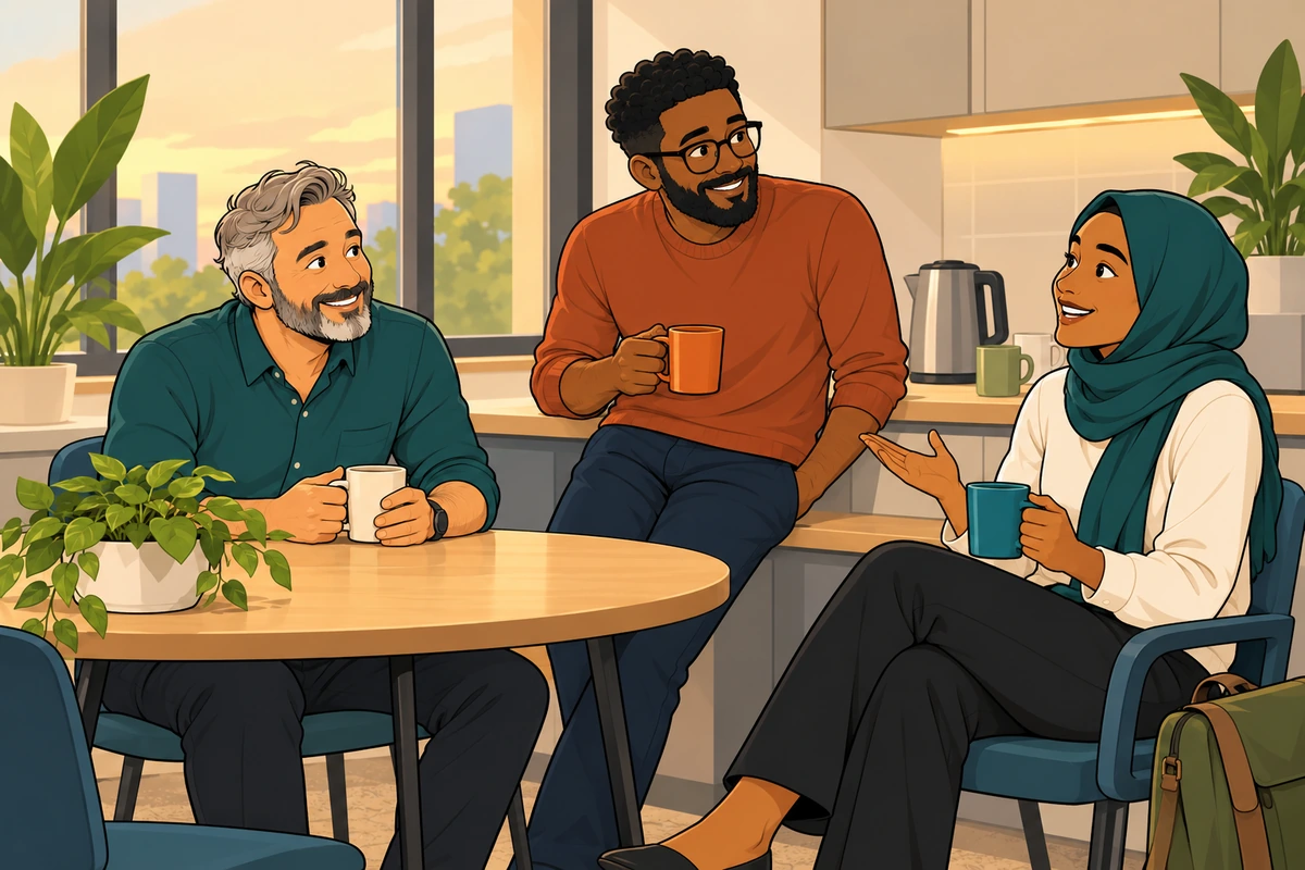 Three colleagues sharing an informal conversation after a demanding workday.