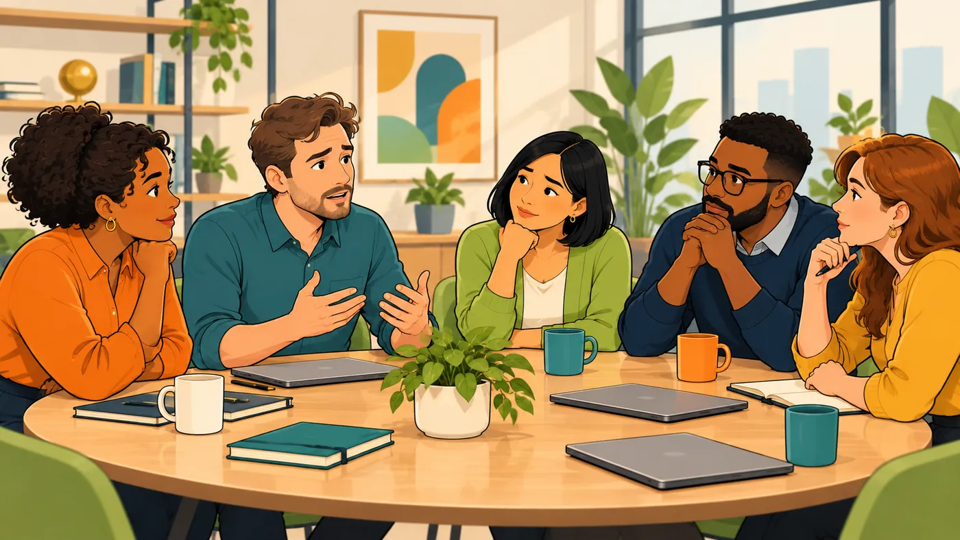 Illustrated team of five colleagues around a round table, listening closely as one man speaks openly about a difficult issue