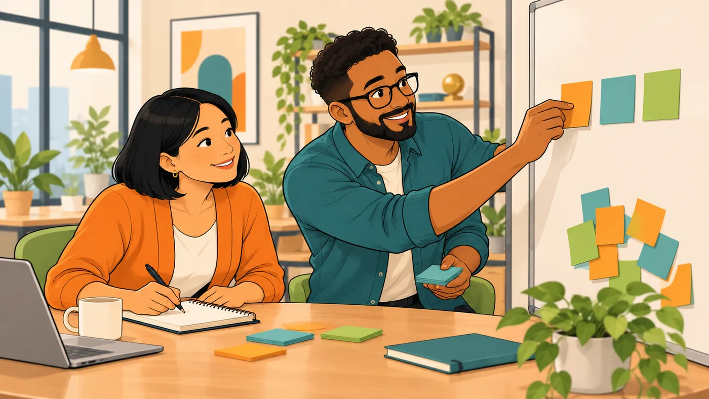 Illustrated scene of a colleague placing a sticky note on a whiteboard while a woman in an orange cardigan takes notes, organising priorities into clear steps