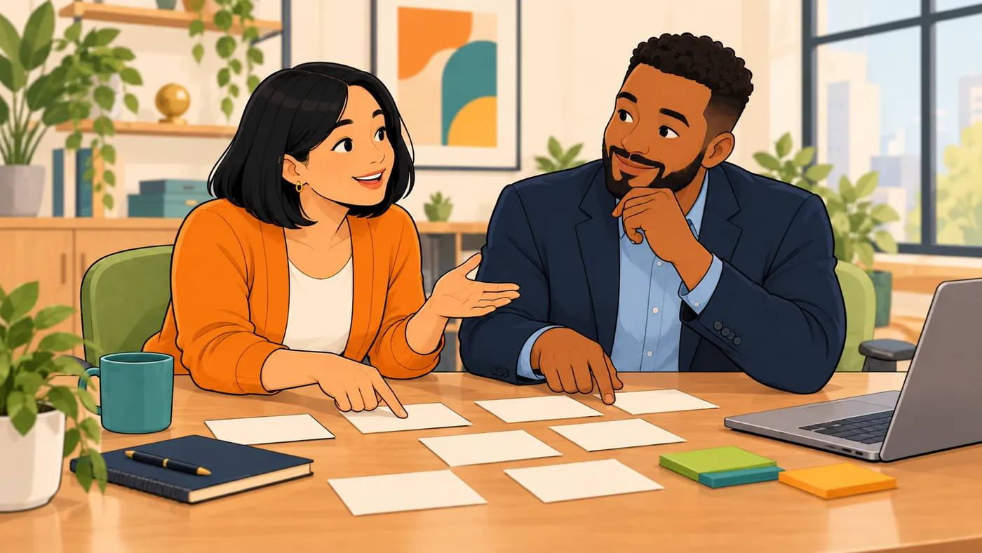 Illustrated scene of two colleagues at a table covered with blank cards, one gesturing openly while the other rests his chin on his hand and listens