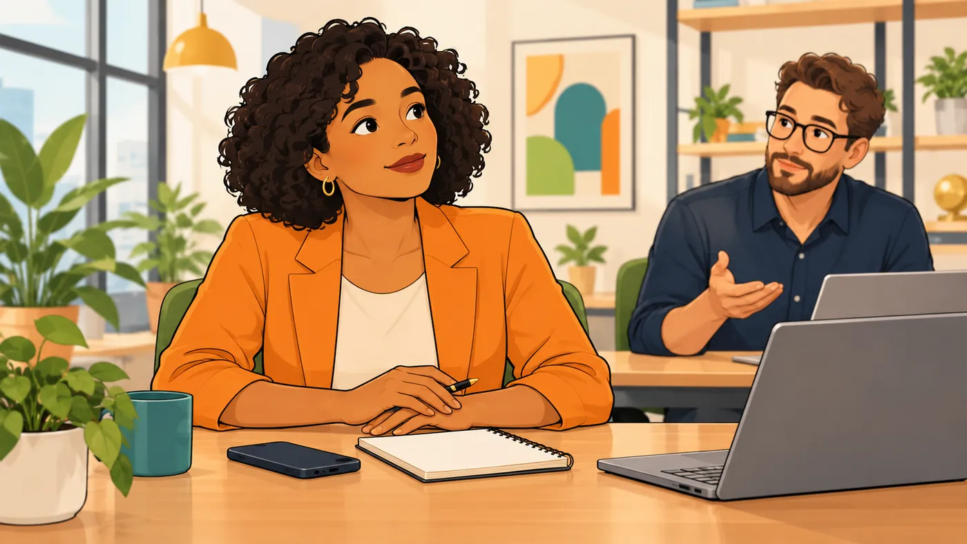 Illustrated woman in an orange blazer pausing calmly at a desk with a notebook and pen while a colleague gestures beside her