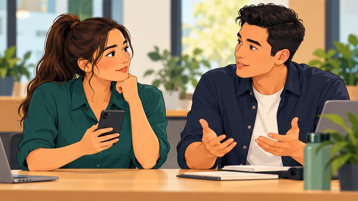 Two colleagues discussing phone use at work through a calm, respectful conversation.