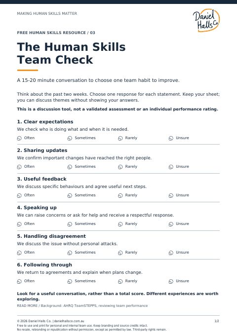 First page of the Human Skills Team Check PDF, showing six team habit statements.