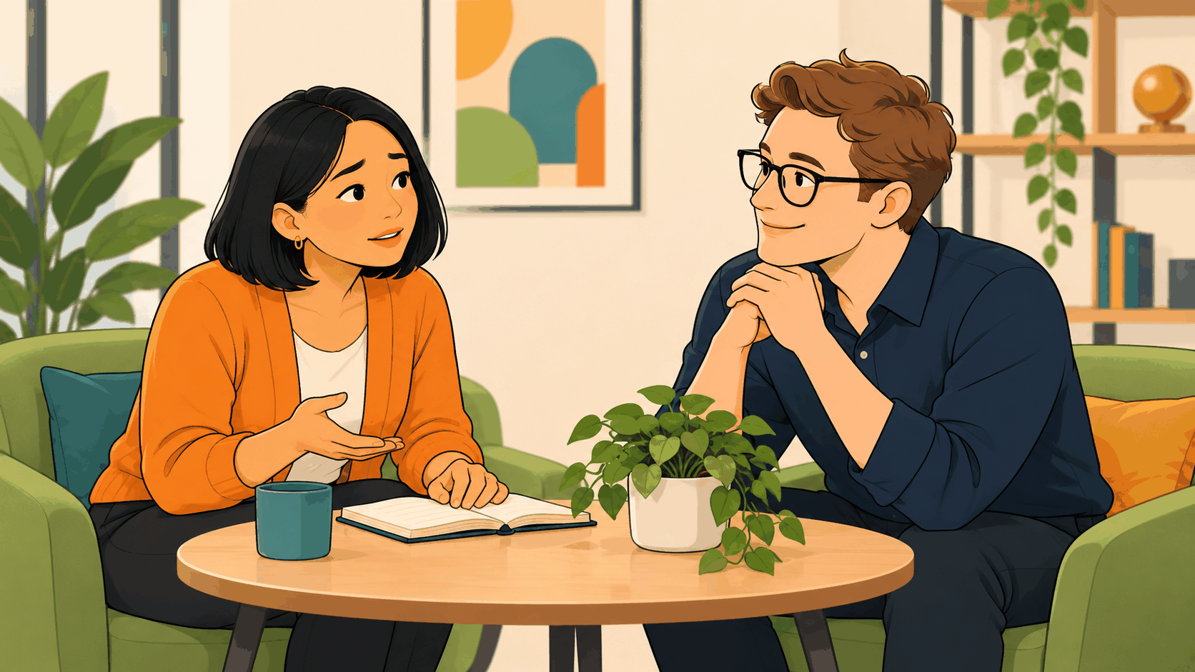 A colleague speaks beside an open notebook while another listens attentively across a small table.